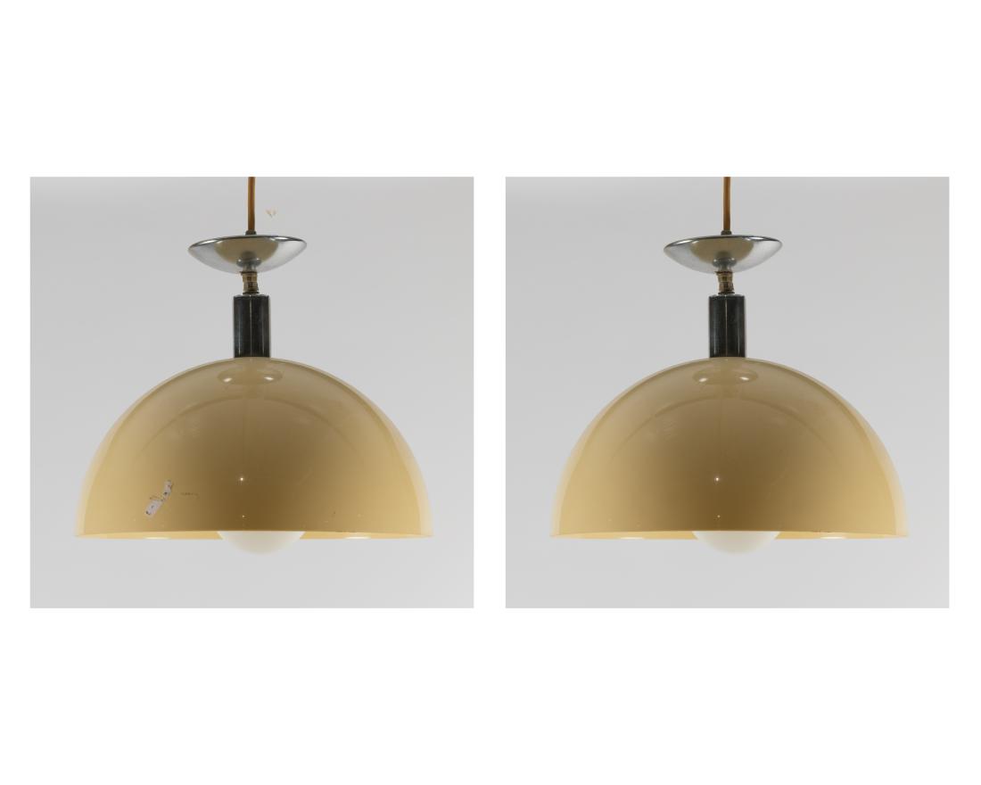 Mid Century Dome Fixtures - Pair: Description - A pair of mid century plastic dome fixtures. Dimensions - 14" x 16"