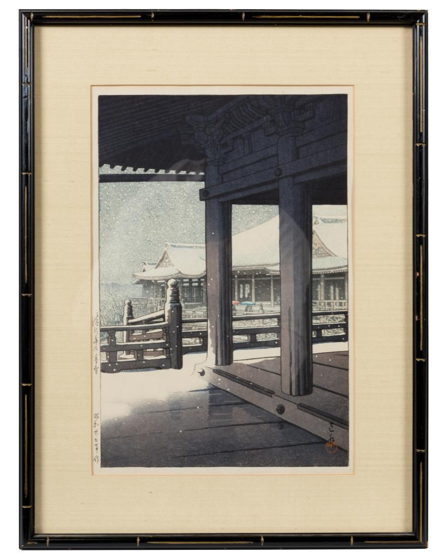 Kawase Hasui Woodblock - Evening Snowfall: Description - Kawase Hasui woodblock print. Evening Snowfall at Kiyomizu Temple. Dimensions - Frame- 20.5" x 16" Sight - 14.5" x 9.5"