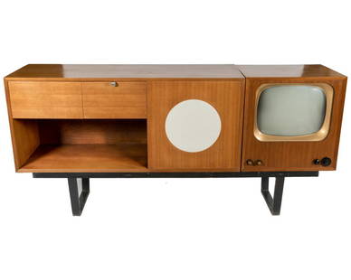 George Nelson & Associates Stereo Cabinet: Description - George Nelson and Associates TV and Stereo Cabinet, Model 4743 on a George Nelson for Herman Miller slatted bench. Dimensions - 38" x 80.25" x 18.5"