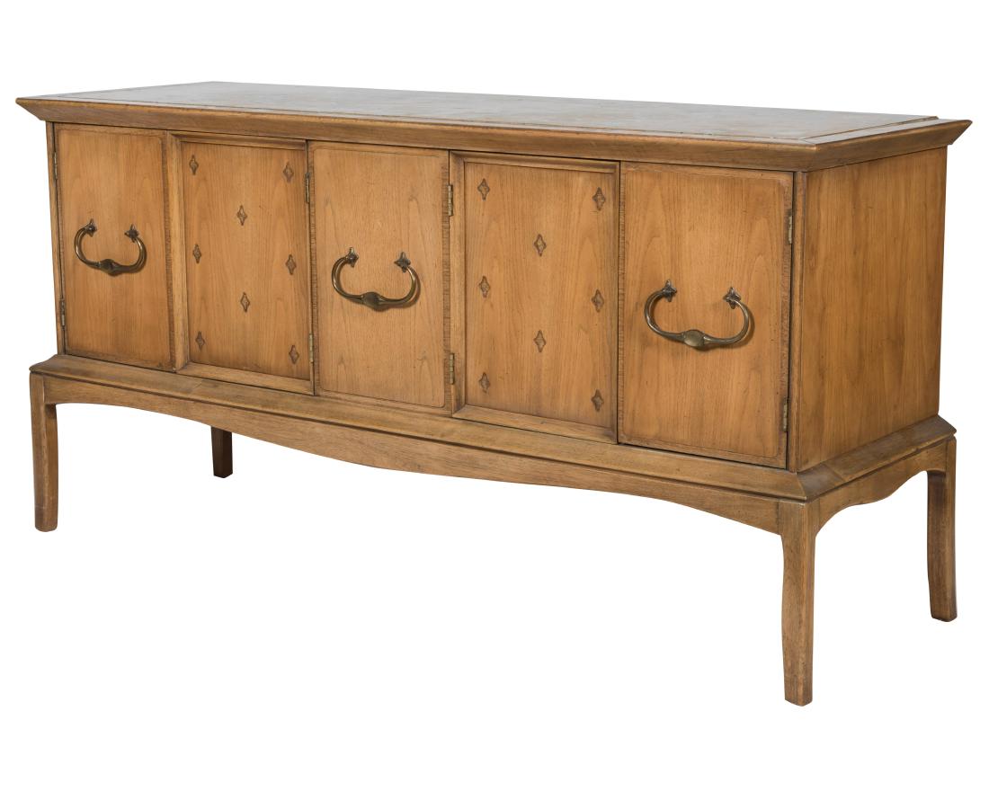 Hollywood Regency Fruitwood Credenza: Description - Hollywood Regency fruitwood marble top credenza. Dimensions - 30" x 60" x 19"