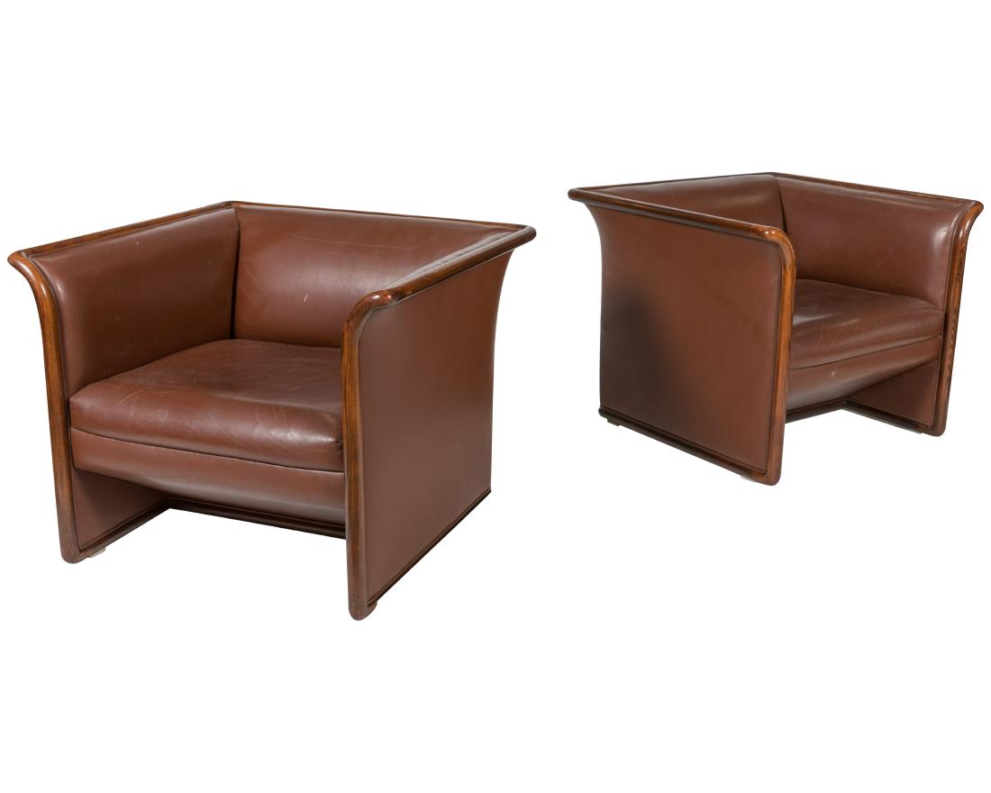 Ward Bennett for Brickel - Pair Leather Lounges: Description - A pair of leather lounge chairs by Ward Bennett for Brickel Associates. Possibly custom made for Dow Jones. Retains original label to underside.