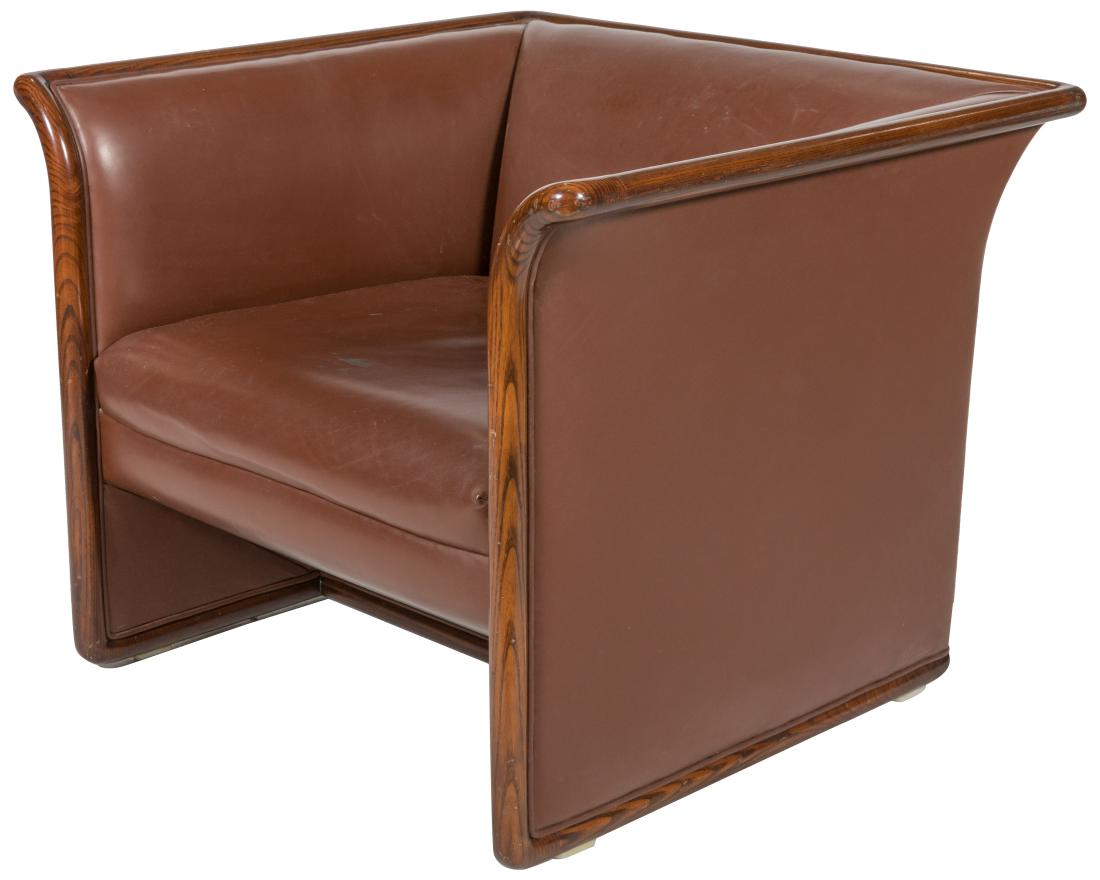 Ward Bennett for Brickel - Leather Lounge: Description - A leather lounge chair by Ward Bennett for Brickel Associates. Possibly custom made for Dow Jones. Retains original label to underside. Dimensions - 25" x 32" x 30"