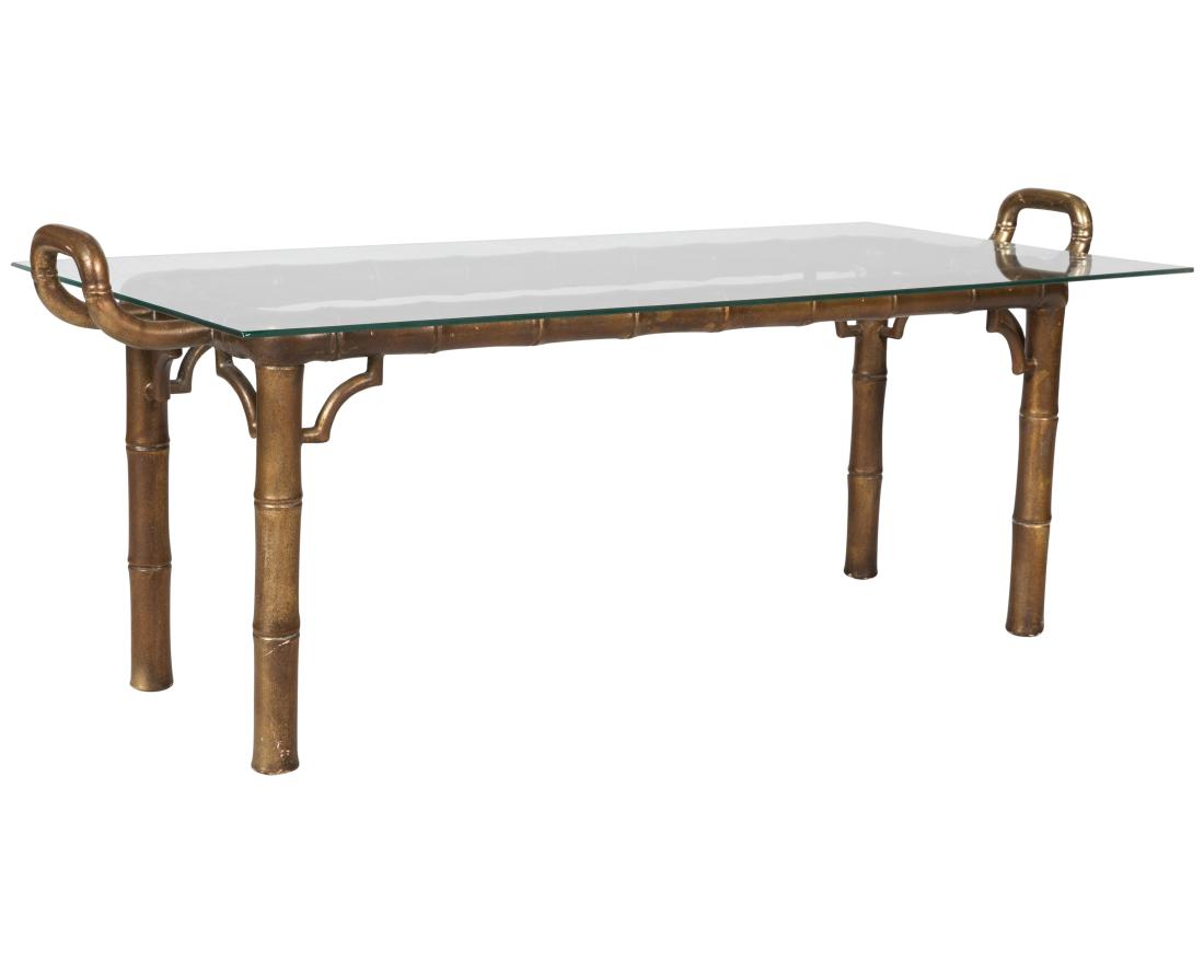 Gilt Faux Bamboo Coffee Table: Description - Gilt faux bamboo glass top coffee table. Dimensions - 17" x 49" x 21.5"