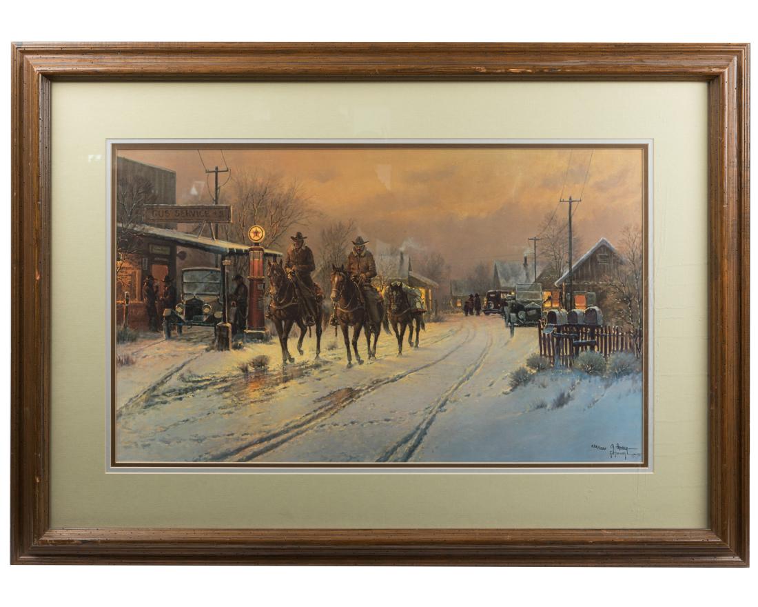 Gerald Harvey - "Only Working Horseback" - Print: Description - Limited edition print of Gerald Harvey's "Only Working Horseback". Signed and numbered, 526/1250. Dimensions - Frame - 26" x 37" Sight - 16" x 26"