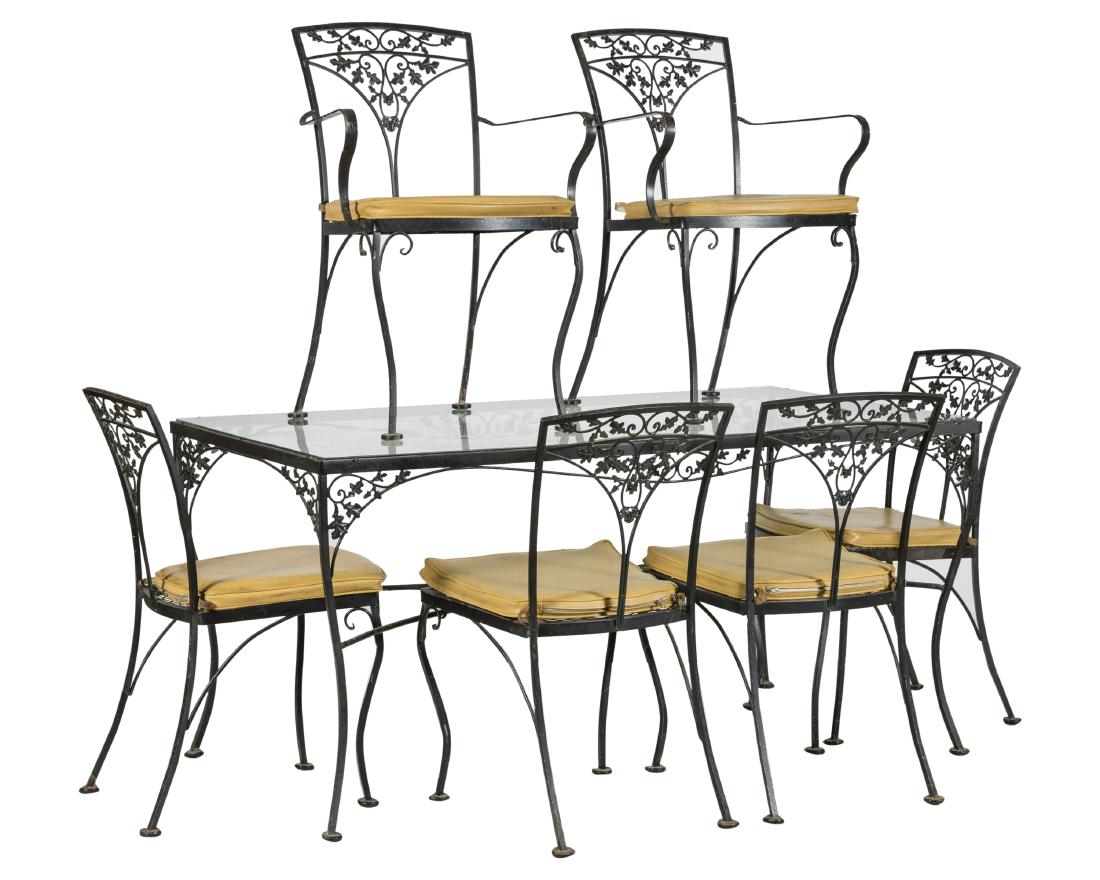 Woodard Iron Table and Six Chairs: Description - Woodard iron table and six chairs. Dimensions - 29.5" x 60.5" x 32.5"