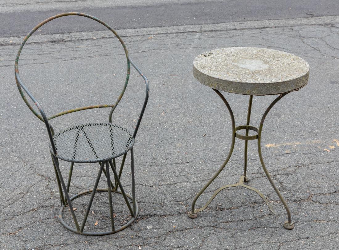 Iron and Stone Table and Iron Chair: Description - Iron and stone table and mid century iron chair. Dimensions - Chair - 38" x 22" x 18"