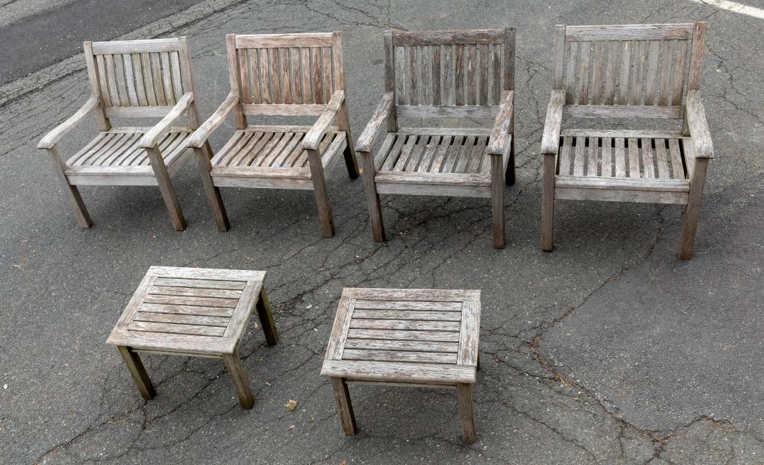 Gloster Bristol England Chairs and Tables: Description - Gloster Bristol England teak four chairs and pair tables. Dimensions - Chair - 33" x 27" x 28"