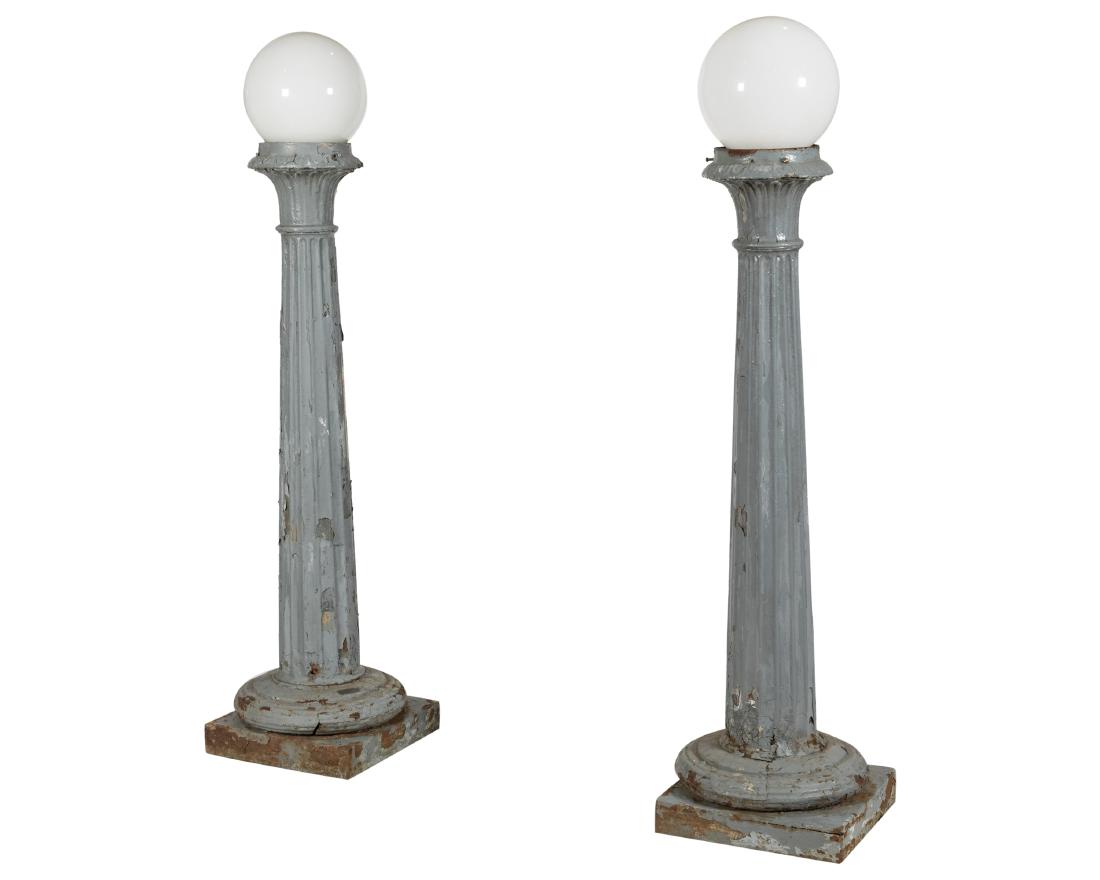 Cast Iron Lamps - Pair: Description - A pair of cast iron lamps with globe shades. Dimensions - 69" x 16.5"