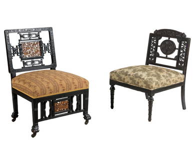 Two Ebonized Eastlake Chairs: Description - Two ebonized Eastlake side chairs. Dimensions - Larger - 31" x 21" x 19"