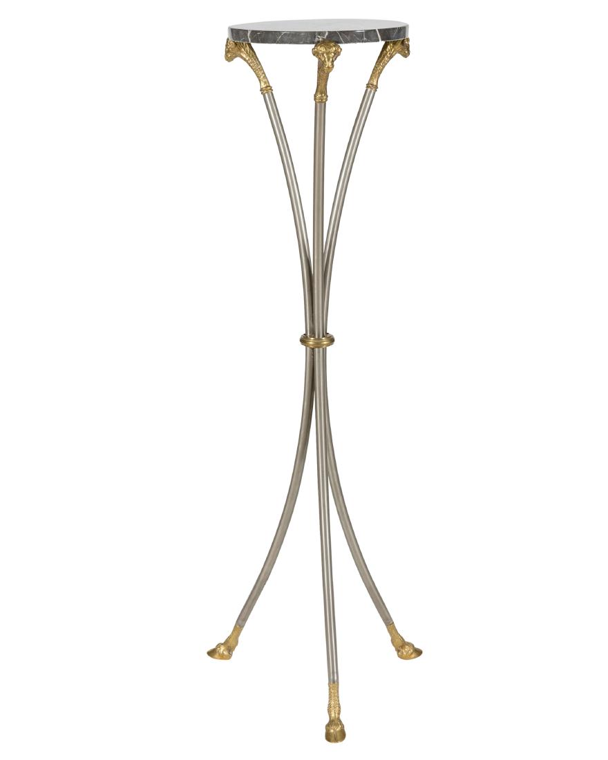 Brass and Brushed Steel Marble Top Stand: Description - Brass and brushed steel rams head hoof foot marble top stand. Dimensions - 45" x 13"