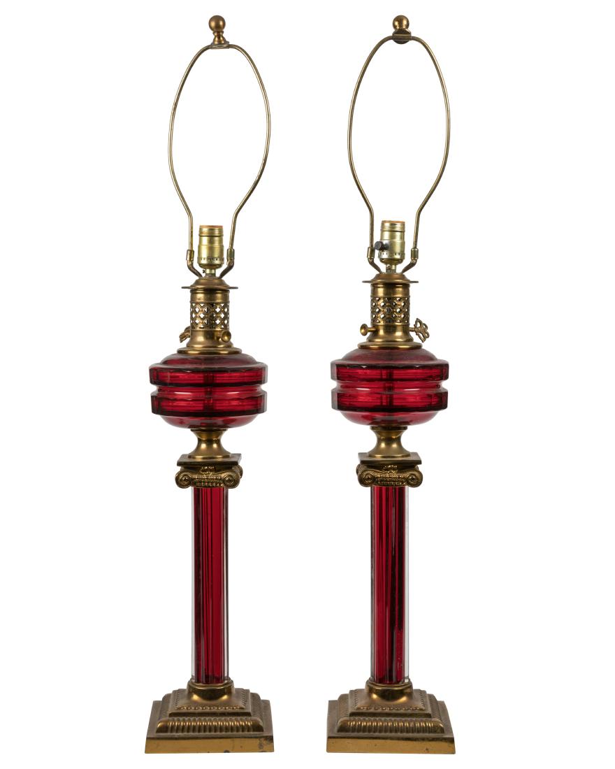 Victorian Style Cranberry Banquet Lamps - Pair (1 of 3)