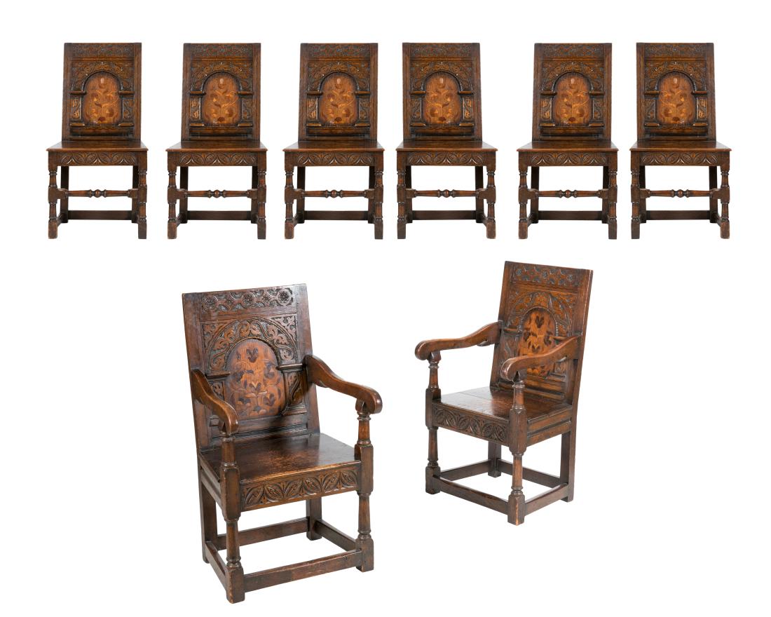 Jacobean Style Carved Oak Dining Chairs - Set of 8 (1 of 9)