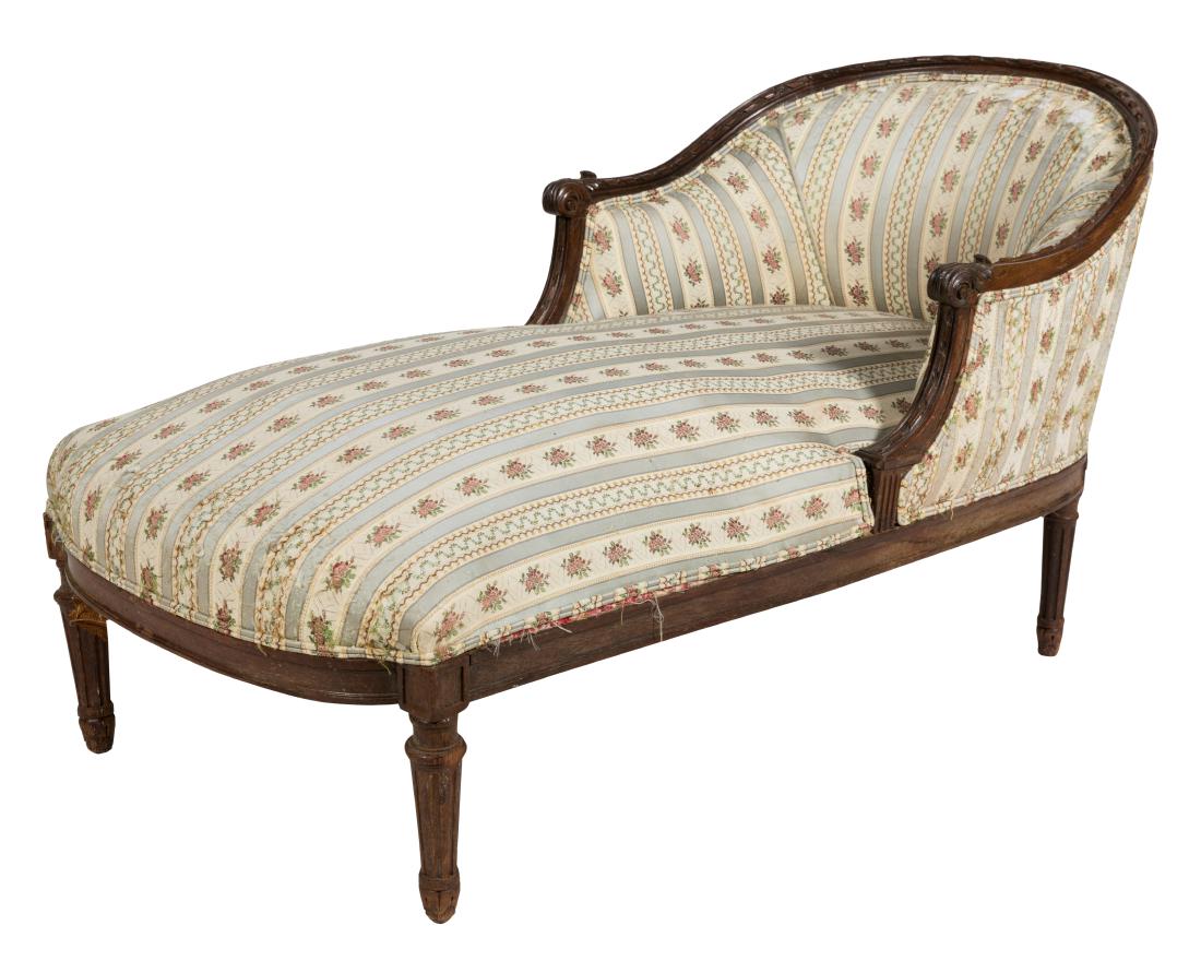 Louis XVI Carved Fruitwood Chaise: Description - Louis XVI carved fruitwood chaise. Dimensions - 28" x 25.5" x 51"