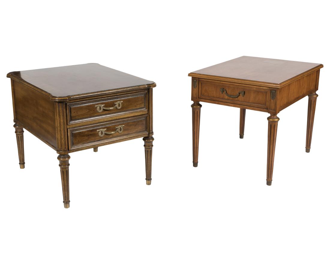 Three Henredon Tables and Fruitwood Tray Table: Description - Three Henredon tables and fruitwood tray table. Dimensions - Largest - 22.5" x 22.5" x 27"