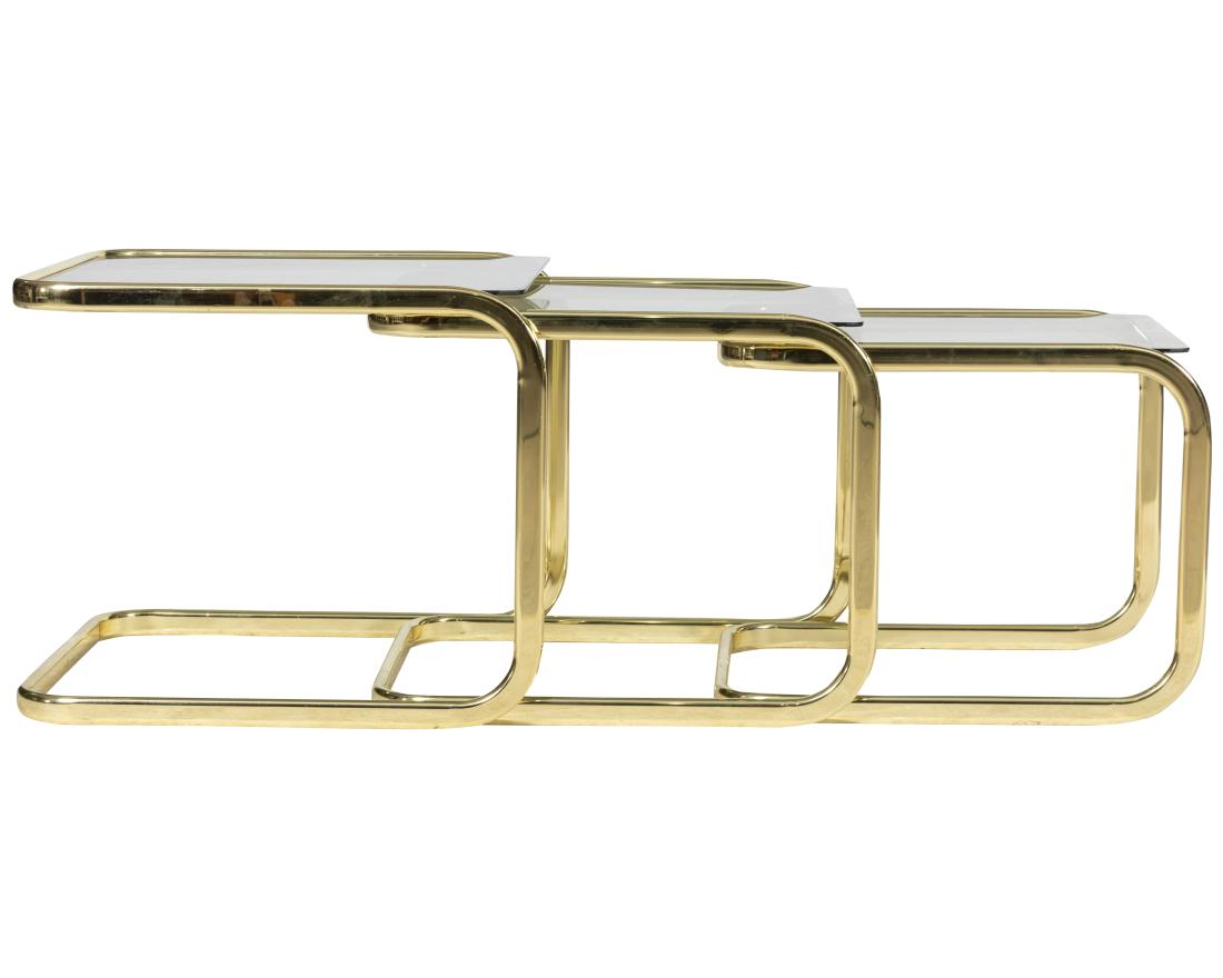 Nest of 3 Brass and Glass Tables: Description - Nest of 3 brass and glass tables. Dimensions - 18" x 21" x 20"