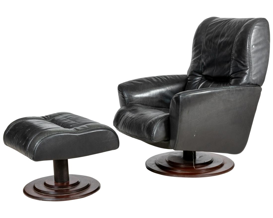 Leather Reclining Lounge and Ottoman: Description - Leather swivel reclining lounge and ottoman. Dimensions - Chair - 37" x 34" x 32"