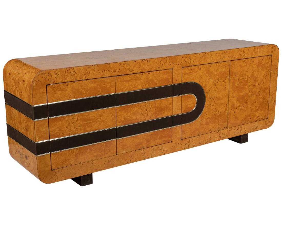 Baughman Style Burl Credenza: Description - Baughman style burl credenza with suede and chrome inlay. Dimensions - 29" x 78" x 18"
