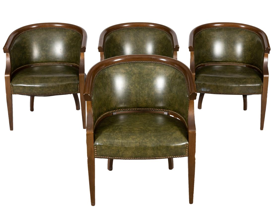Naugahyde Studded Barrel Chairs - four: Description - Four naugahyde studded barrel chairs. Dimensions - 31" x 26" x 24"