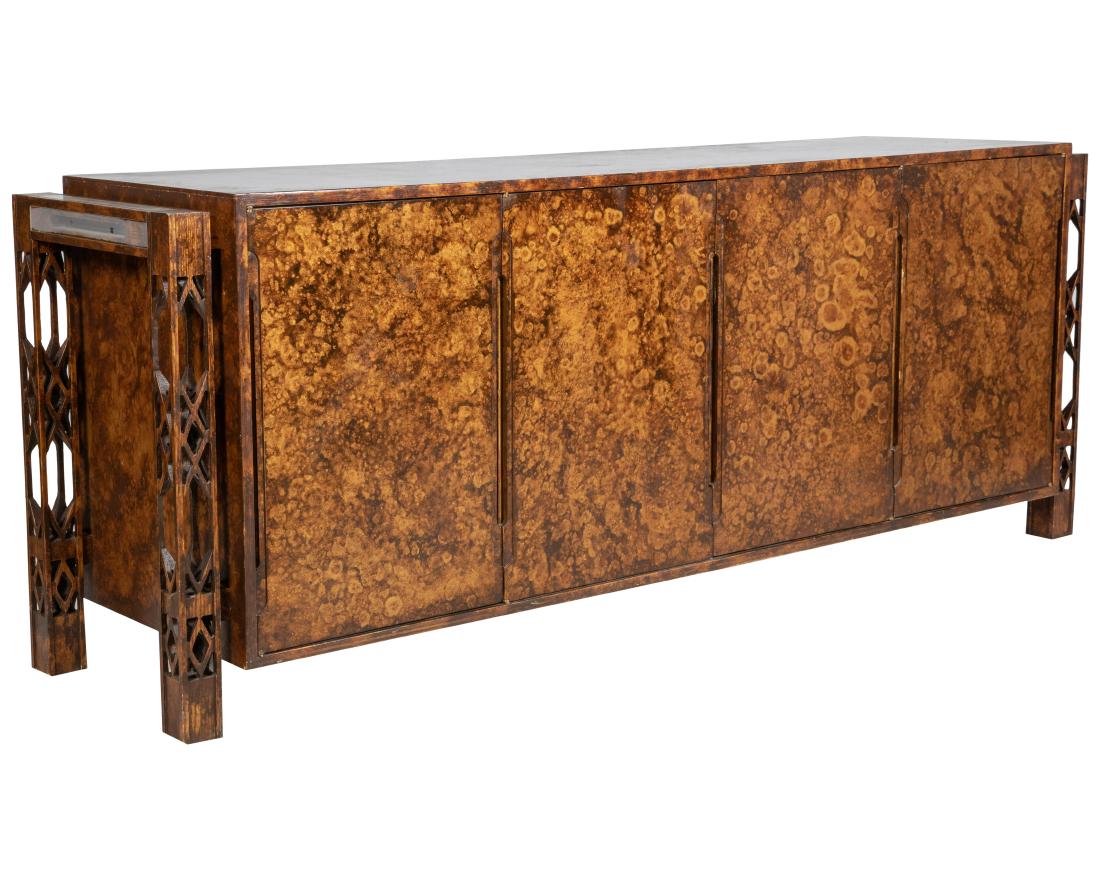 Faux Burl Credenza: Description - Faux burl credenza with outside architectural legs. Dimensions - 30" x 17" x 20"