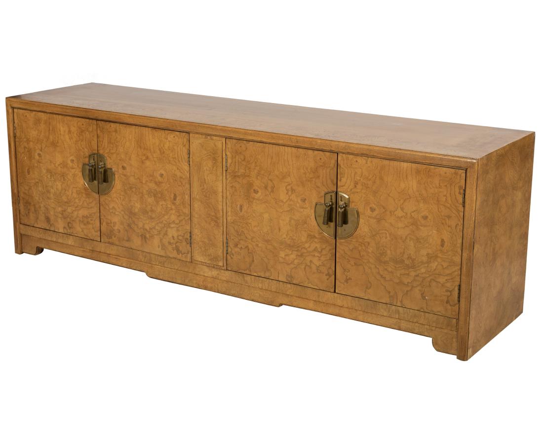 Huffman Koos Burled Credenza: Description - Huffman Koos burled credenza. Dimensions - 22" x 67.5" x 17"