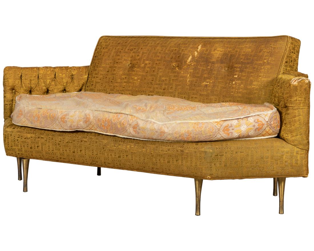 Atomic Style Loveseat: Description - Atomic style loveseat with brass legs. Dimensions - 30" x 71" x 38"