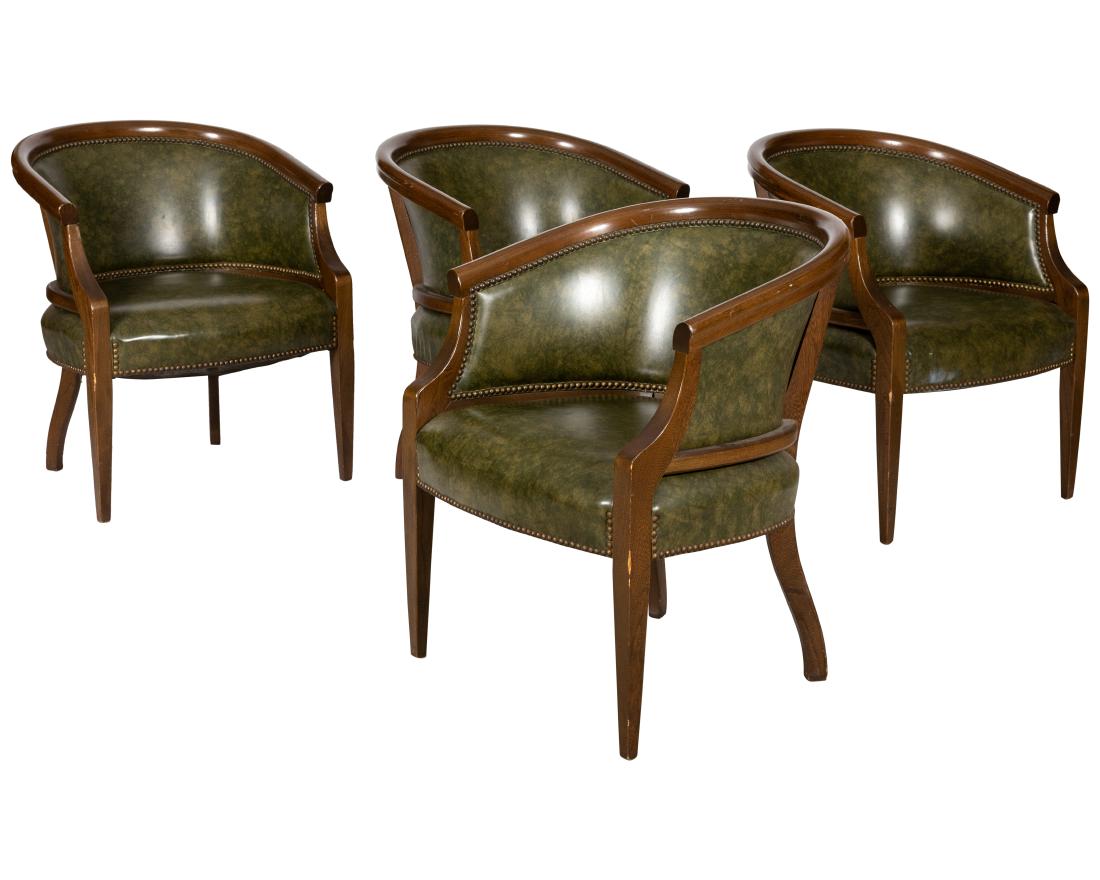 Naugahyde Studded Barrel Chairs - Four: Description - Four naugahyde studded barrel chairs. Dimensions - 31" x 26" x 24"