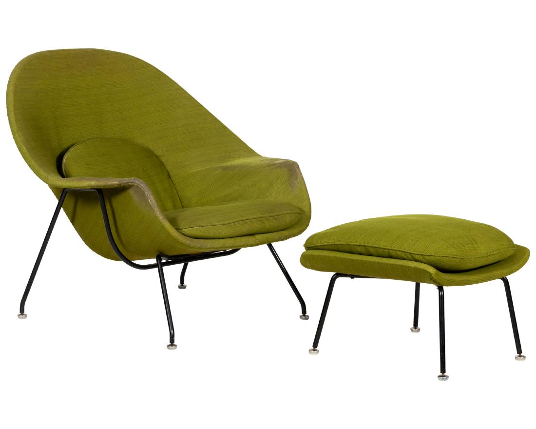 Eero Saarinen for Knoll Womb Chair and Ottoman: Description - Eero Sarrinen for Knoll womb chair and ottoman with original upholstery and paper label. Dimensions - 35" x 39" x 36"