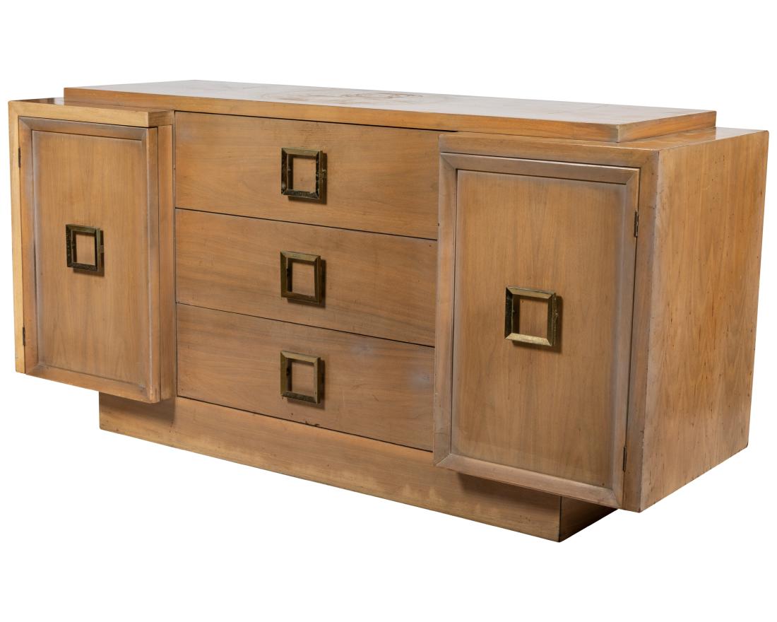 American of Martnsville Credenza: Description - American of Martinsville blonde credenza with brass pulls. Dimensions - 33"x66"x21"