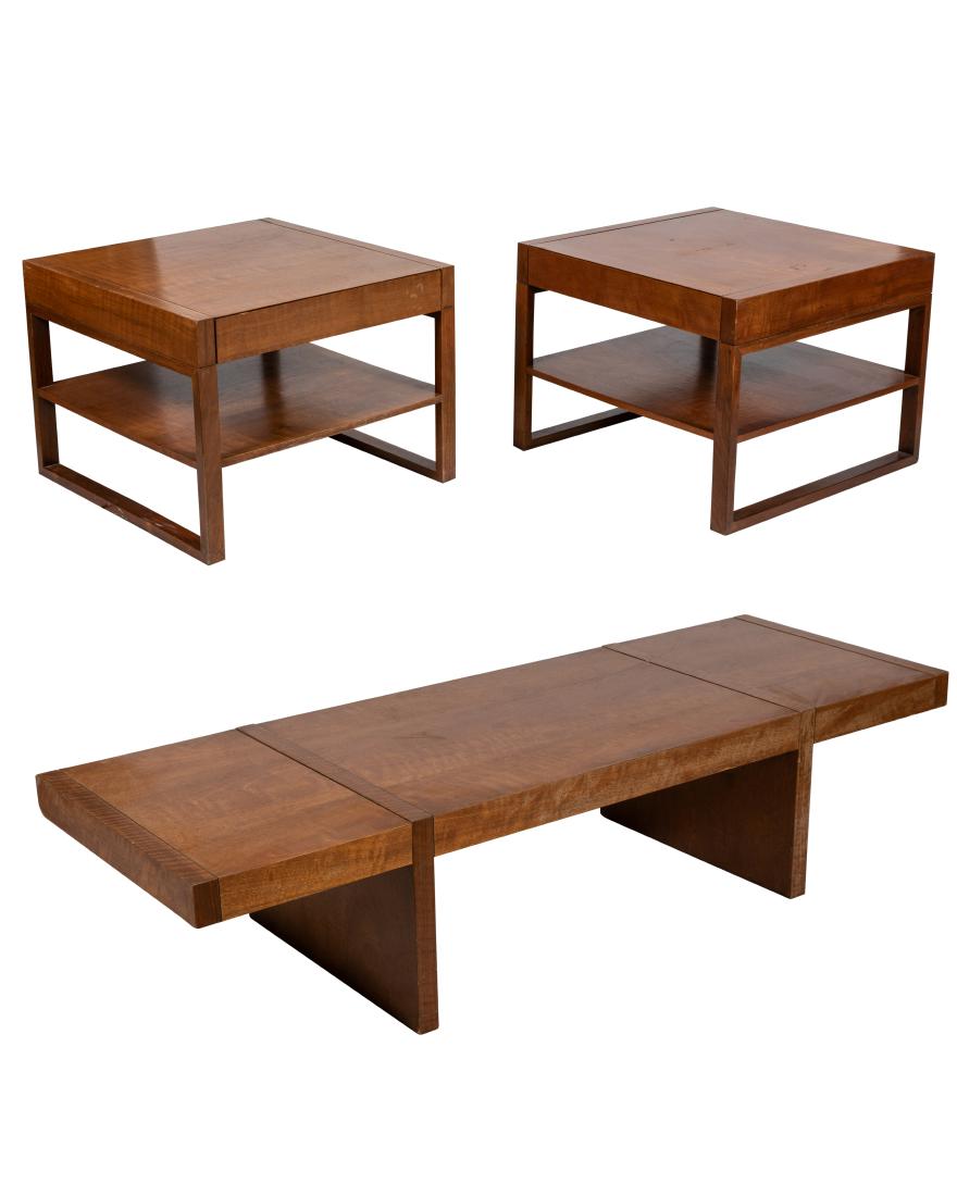 Pair of Founders End Tables and Coffee Table: Description - Pair of Founders end tables and coffee table. Dimensions - 21"x26"x28"