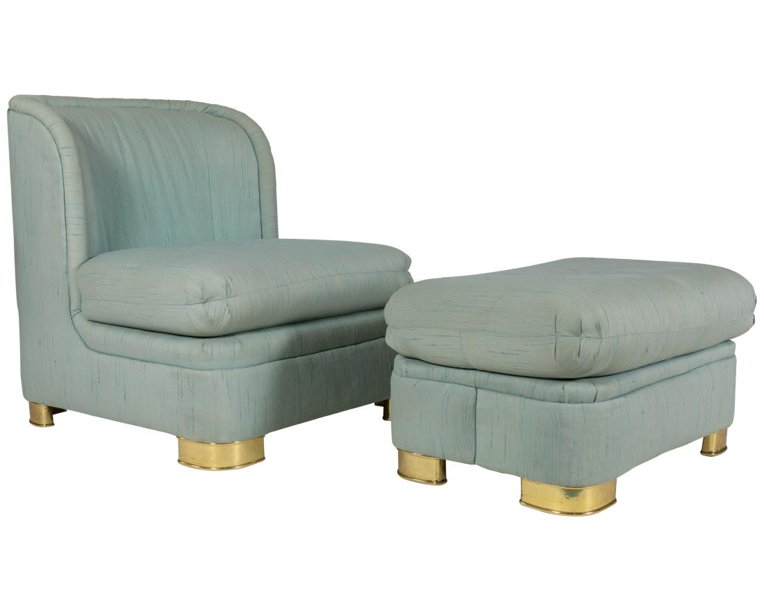 Slipper Chair and Ottoman: Description - Slipper chair and ottoman with brass feet. Dimensions - 32" x 30" x 29"
