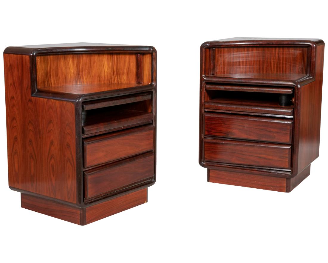 Silkeborg Denmark for Maurice Villency Nightstands: Description - Pair of Silkeborg Denmark for Maurice Villency rosewood concave tambour nightstands. Dimensions - 30.5" x 21" x 18.5"