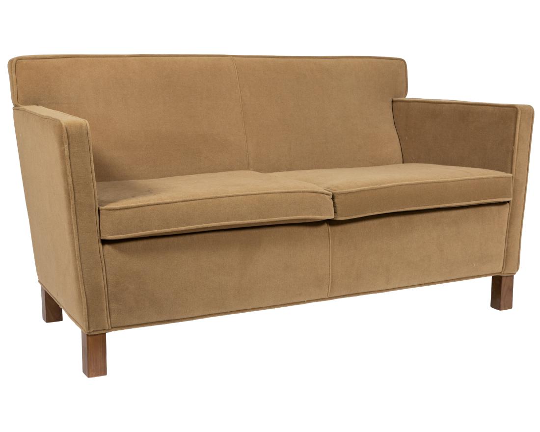 Mies Van Der Rohe for Knoll Krefeld Loveseat: Description - Mies Van Der Rohe for Knoll Krefeld loveseat in tan mohair. Dimensions - 31" x 56" x 27"