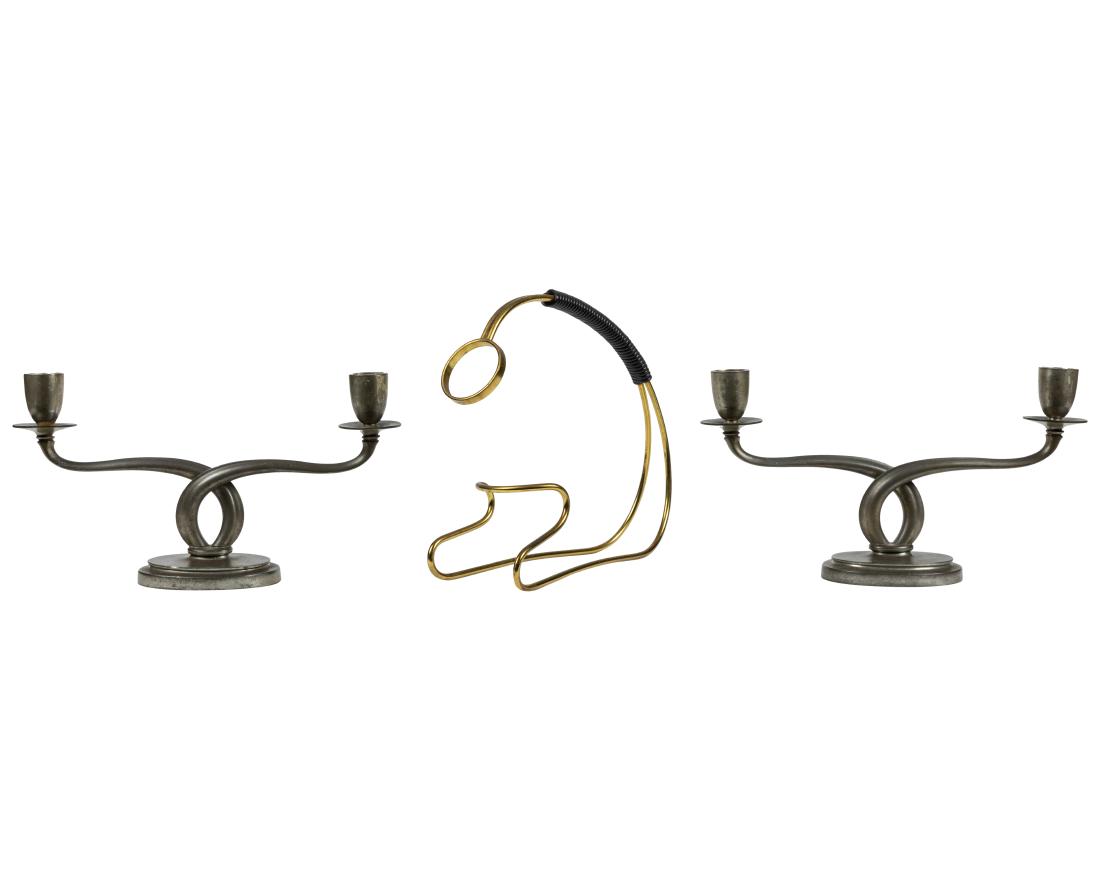 Just Andersen Candlesticks and Wine Holder: Description - Pair of Just Andersen pewter candlesticks and brass wine bottle holder. Dimensions - holder - 8" x 9.5"