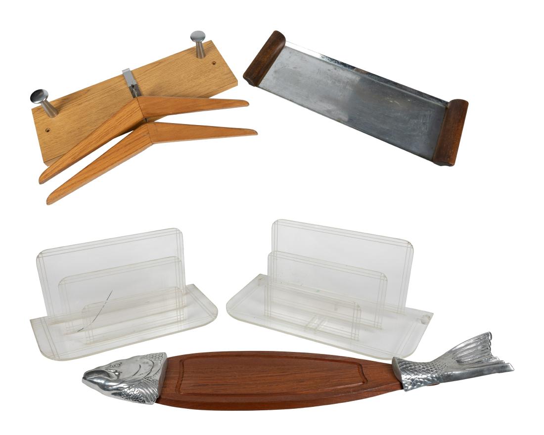 Lucite Racks and Trays: Description - Two lucite racks, two trays and coat rack. Dimensions - 36" x 7"