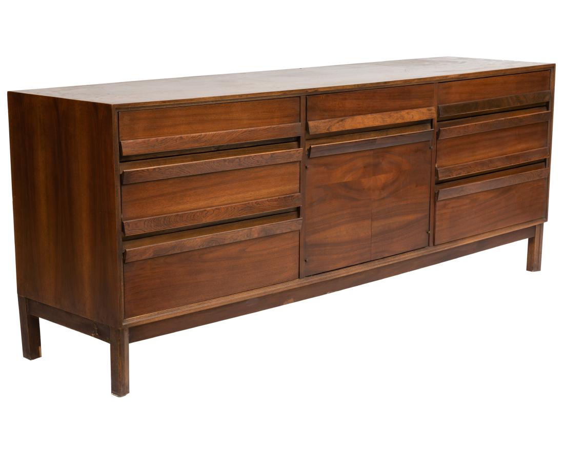American of Martinsville Walnut Credenza: Description - American of Martinsville walnut credenza. Dimensions - 30" x 76" x 19"