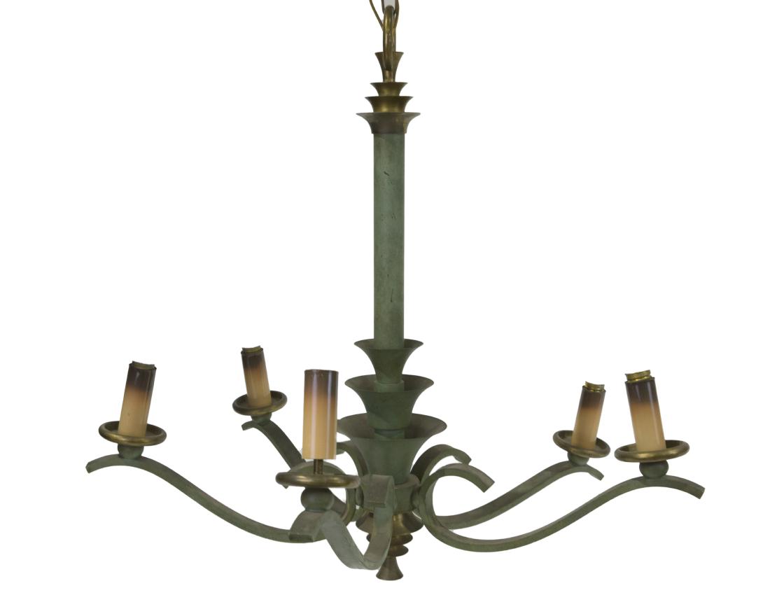 French Bronze Chandelier and Sorrensen Bronze Lamp: Description - A French bronze five light chandelier and Sorrensen bronze table lamp. Dimensions - chandelier - 27" x 25" lamp body - 21" tall