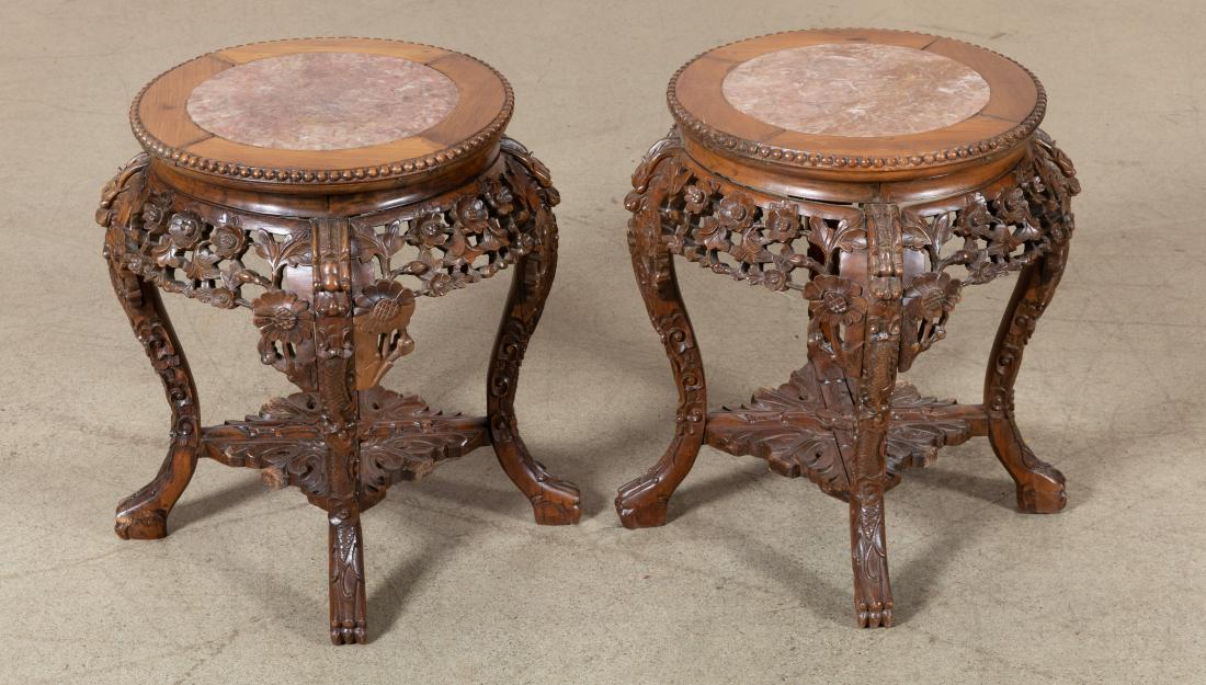 Pair Oriental Teak and Marble Plant Stands (1 of 5)
