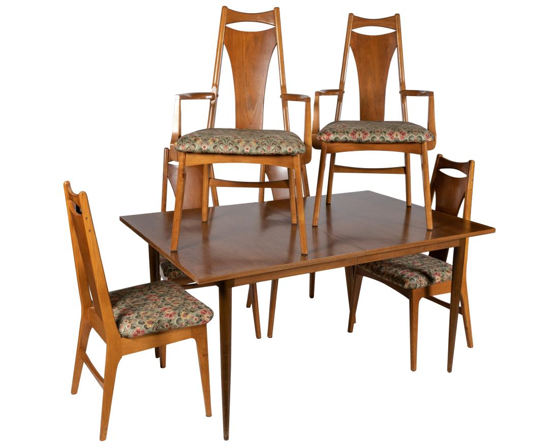 Walnut Dining Table and Chairs: Description - Walnut dining table and six chairs. Dimensions - Table - 30" x 60" x 40" Arm Chair - 41" x 22" x 21"