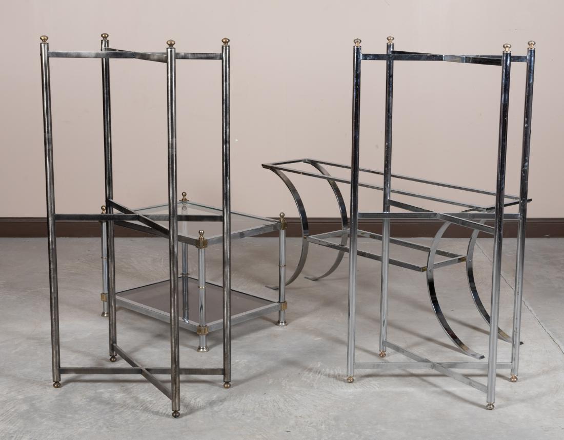 Pair of Etagers, End Table and Sofa Table: Description - Near pair of etagers, a chrome and brass end table and chrome sofa table.