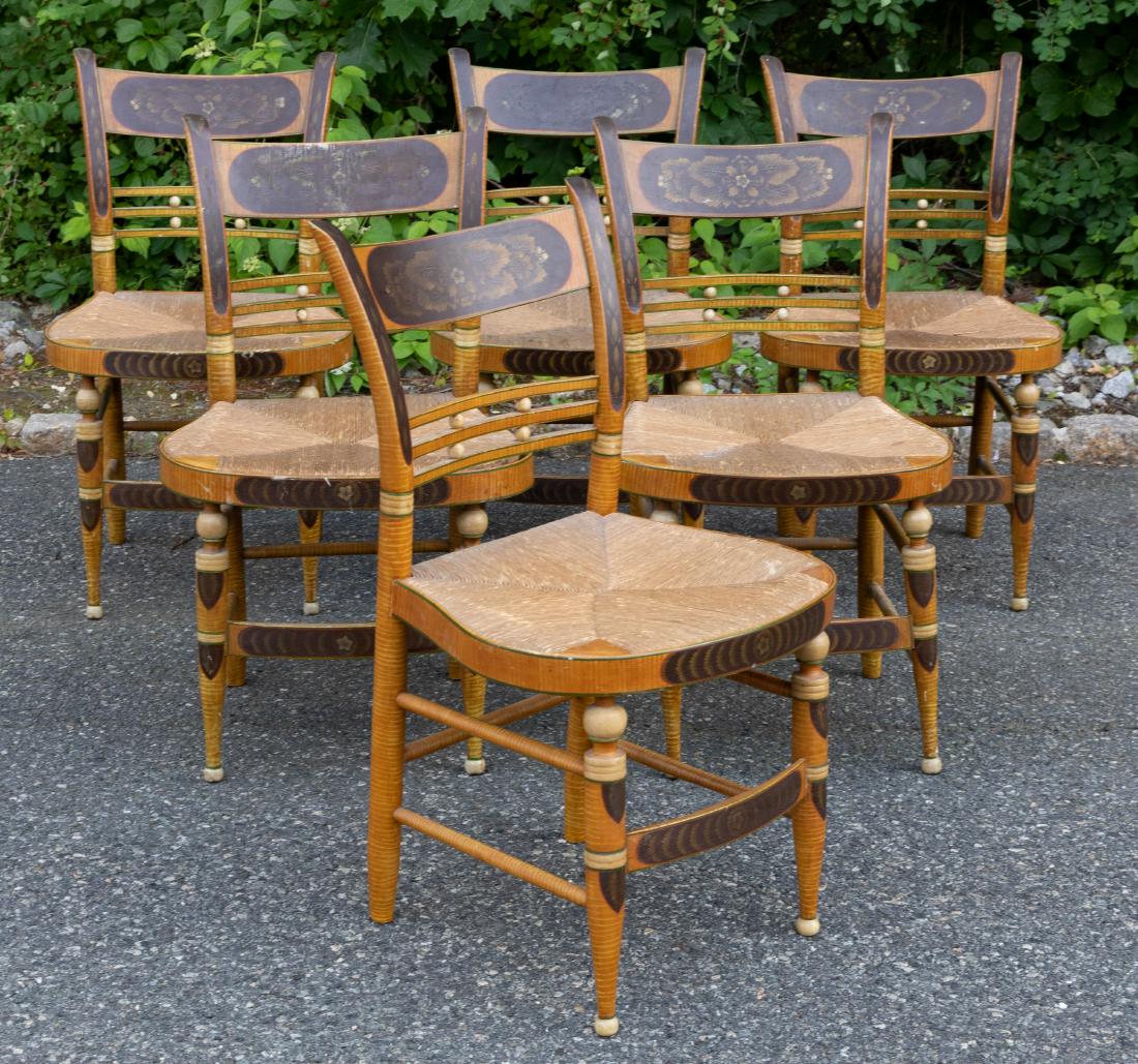 Hitchcock Painted Dining Chairs - Six: Description - Set of six painted Hitchcock dining room chairs. Dimensions - 33" x 19" x 19"