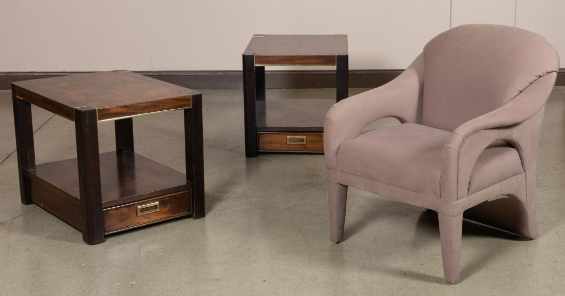 Lane - End Tables and Chair: Description - Pair Lane mid century style end tables and suede chair. Dimensions - chair - 34" x 29" x 34"