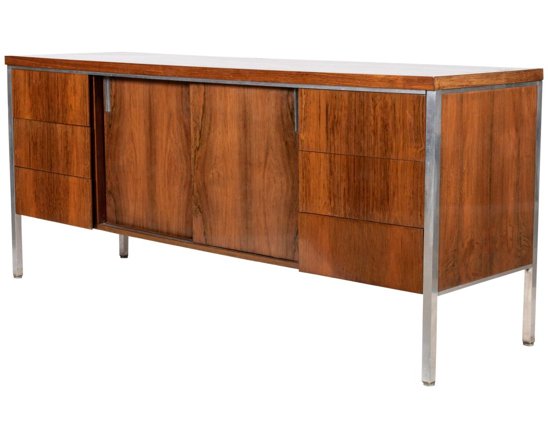 Lacquered Walnut Credenza: Description - Lacquered walnut credenza with stainless steel legs. With finished back. Dimensions - 29" x 66" x 19"
