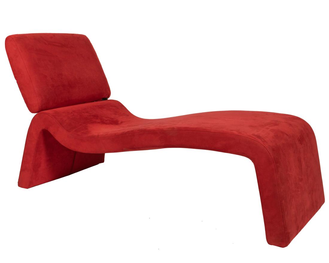 Italian Style Suede Chaise: Description - Italian style suede chaise with pivoting headrest. Dimensions - 34" x 54" x 24"