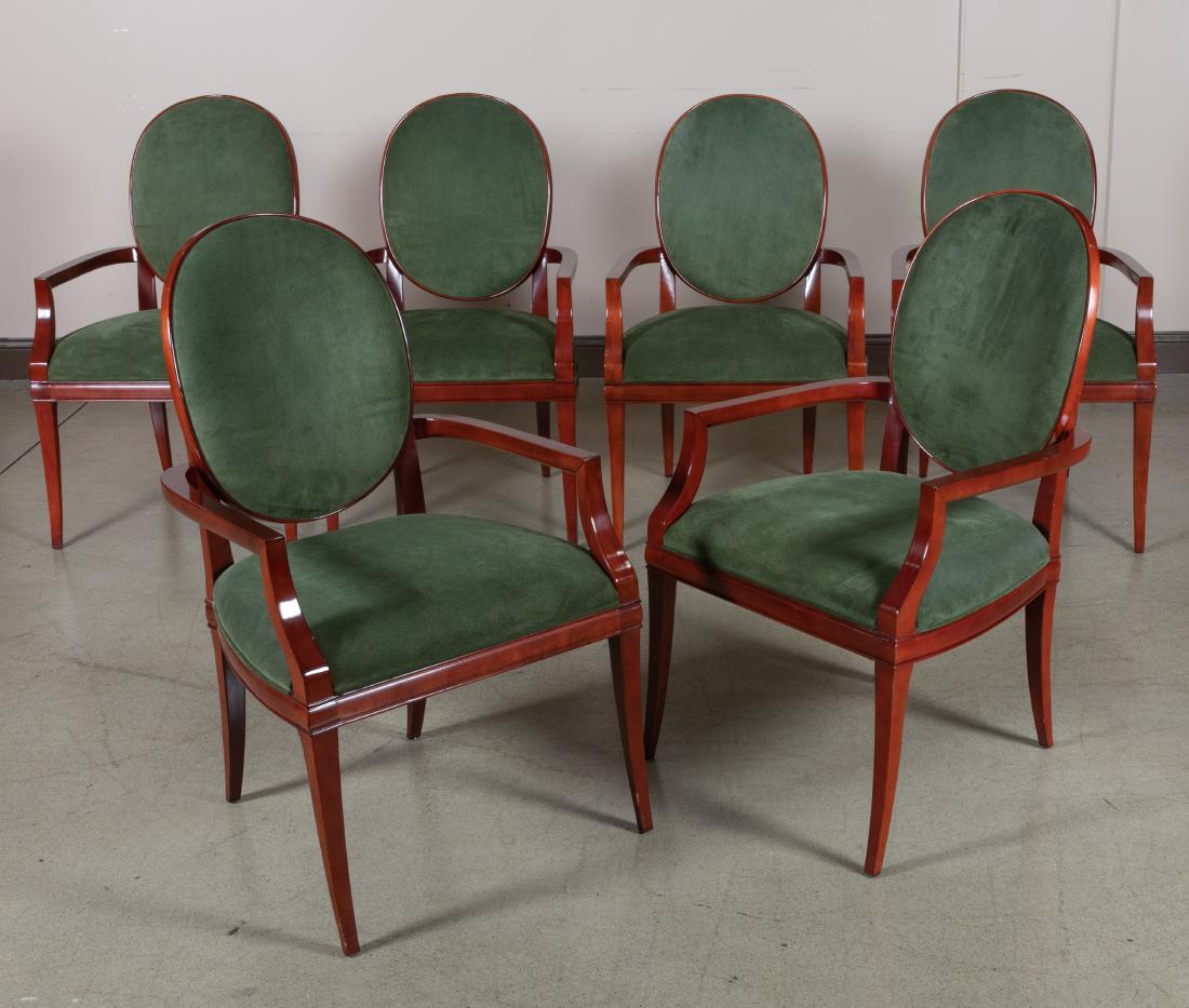 Maple and Suede Dining Chairs - Six: Description - Six stained maple and suede dining arm chairs. Dimensions - 39" x 24" x 27"