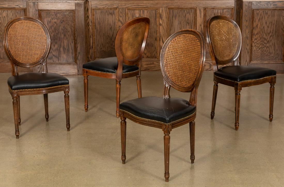 Four Italian Cane Chairs: Description - Set of four Italian cane chairs. Two with double caned backrests. Dimensions - 37" x 19.5" x 17"