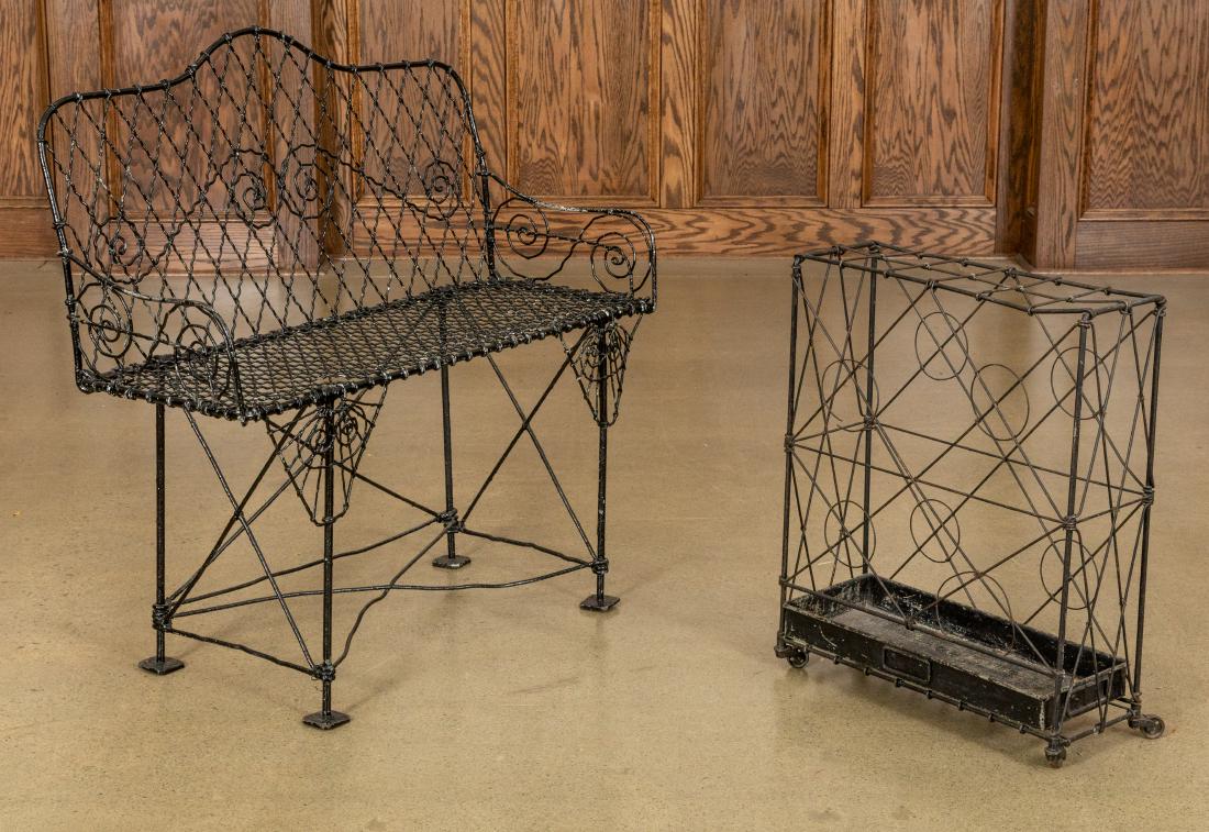 Victorian Wire Loveseat and Stand: Description - Victorian wire loveseat and umbrella stand. Dimensions - 36" x 35" x 16"