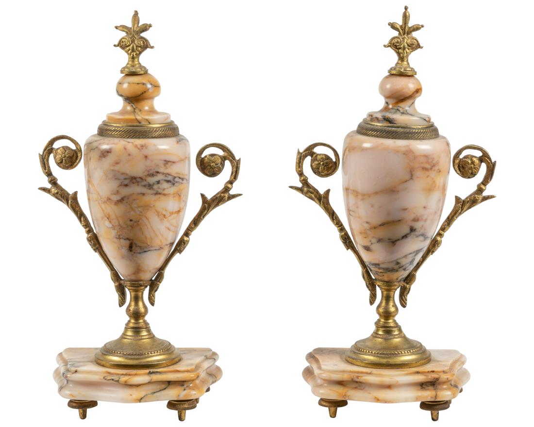 Pair Marble and Bronze Garnitures: Description - Pair marble and bronze garnitures. Dimensions - 11.5" x 4.5" x 3"