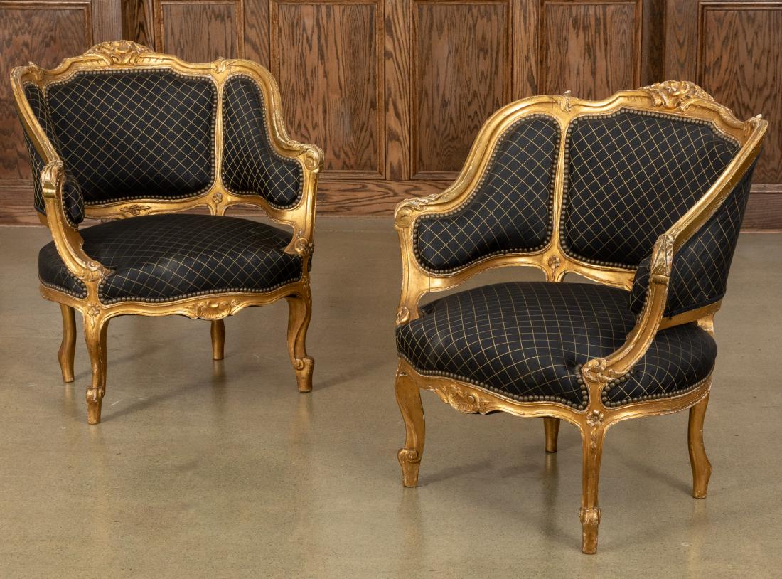 Louis XV Bergere Chairs: Description - Pair of Louis XV giltwood bergere chairs. Dimensions - 34" x 30" x 23"