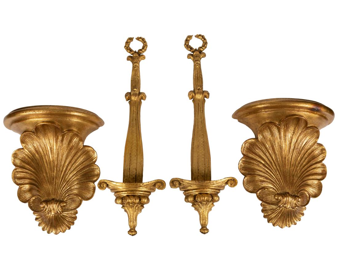 Giltwood Shelves and Plate Holders: Description - Pair Maitland Smith giltwood shelves and pair of giltwood plate holders. Dimensions - tallest - 25"