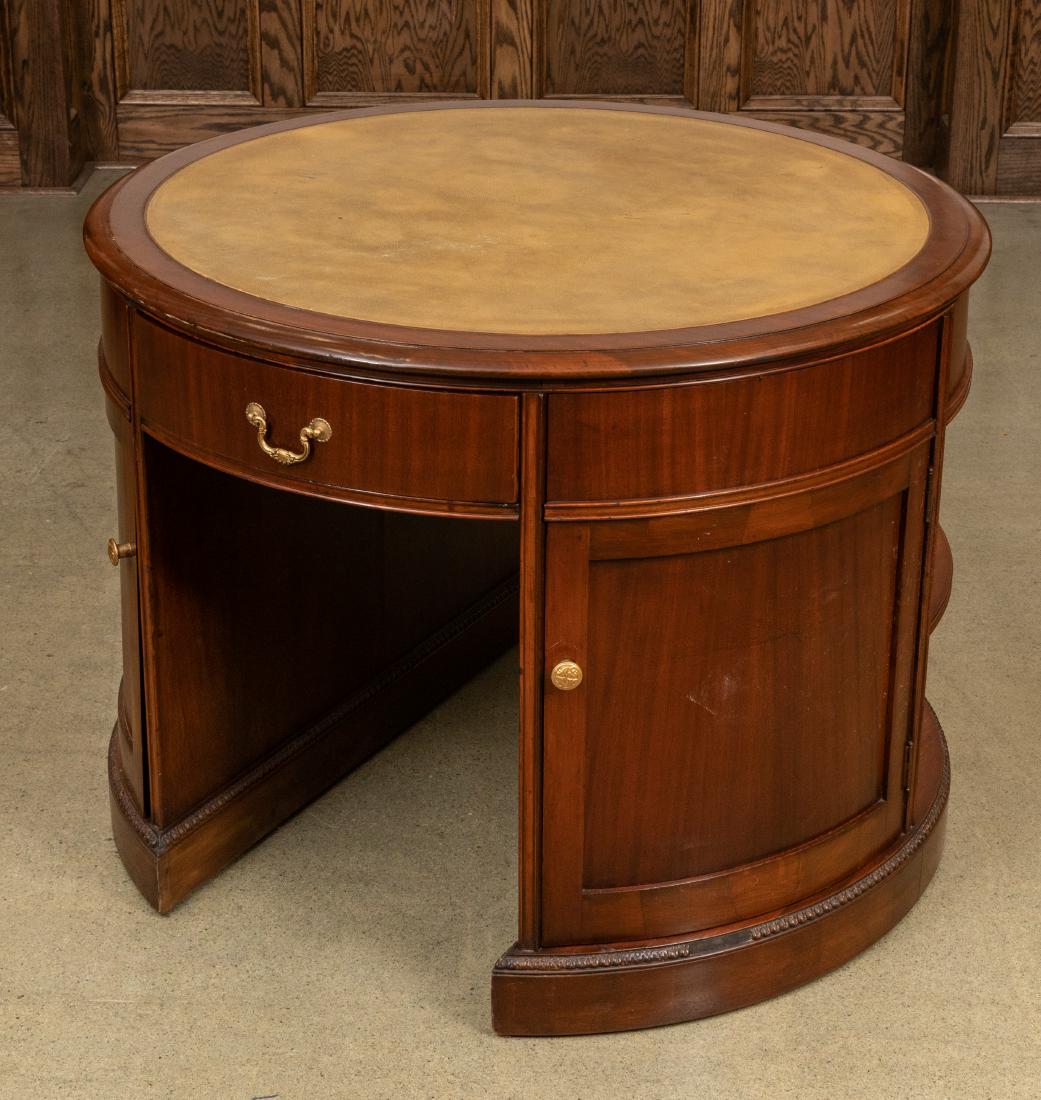 George III Leather Top Desk: Description - George III round leather top desk. Dimensions - 30" x 30"